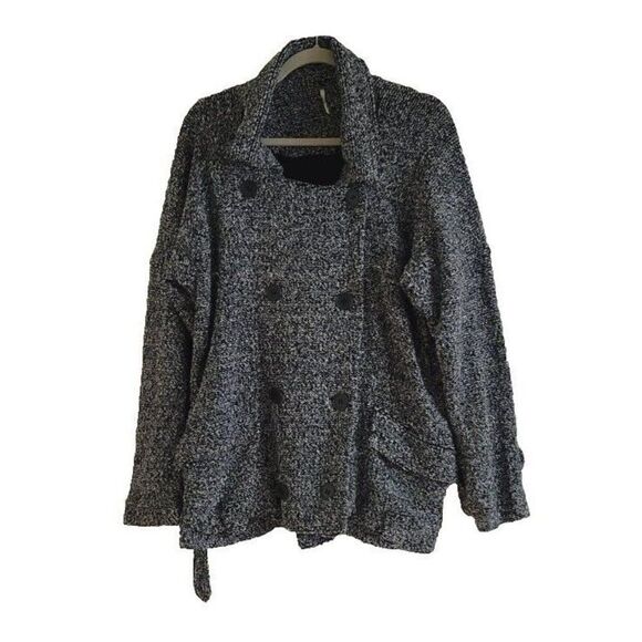 Free People Slouchy Moto Jacket - Belted Trench Pea Coat Black marled SMALL - Picture 2 of 11